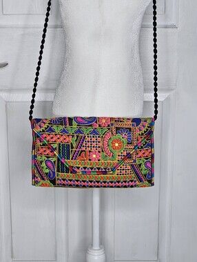 Colorful Hand Embroidered Women's Clutch Bag - Crossbody Purse With Strap